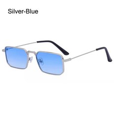 UV400 보호 직사각형 선글라스 레트로 여행 컬러 안경 금속 쉐이드 남녀 공용, Silver-Blue, 1개