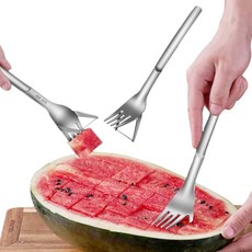 2-in-1 수박 커터 스테인레스 스틸 과일 슬라이서 나이프 watermeton corer 집게 포크가있는 수박 컷 도구, 1개