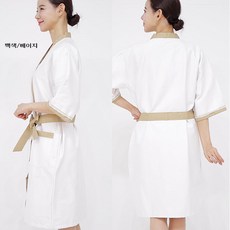 [ USA70WH ] 백색/흰색/베이지띠/마사지복/사우나/목욕/손님용/건강검진복/원피스/미용/맛사지/까운/가운