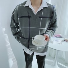 오버핏 배색 브이넥 체크 니트(AS)