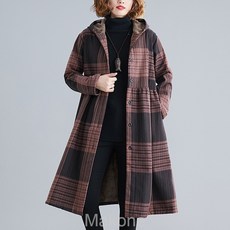 Makone여자 겨울 코트 롱 코트실크 가모 체크 트렌치코트 여중 롱 루즈핏 보온 가을 겨울옷