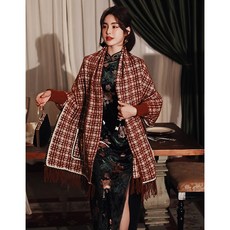 와인레드 색깔 치파오 여성 외 매치 숄 케이프 판초 가을 결혼피로연 고귀한 웨딩 보온 망토