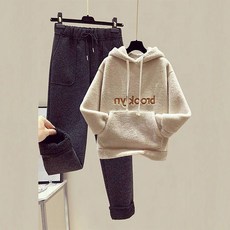ROYALBELLE 여성 데일리 상하세크 뽀글이 기모 후드 맨투맨 밴딩 루즈핏 모직 팬츠 Y0110123