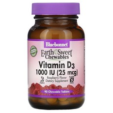 Bluebonnet Nutrition Earth 스윗 츄어블 비타민D3 라즈베리 1000 IU (25 mcg) 츄어블 90정, 1개