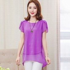 ROYALBELLE 여성 라운드넥 반팔 블라우스 빈티지 루즈핏 소프트 캐주얼 쉬폰 티셔츠 V030220