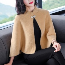 바이오버씨 케이프재킷 여성 겨울 가을 니트 외 매치 숄 방수 밍크 퍼 버클 아웃웨어