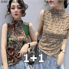 JUST FEEL!NG 1+1 여름신상 나시 민소매 슬림 반폴라 티셔츠 프린드 여자 이너티