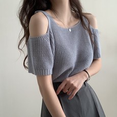 발리걸 여리 어깨트임 그물망사 나시 반팔 니트