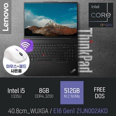 Lenovo ThinkPad E16 Gen1 21JN002AKD [무선 마우스 & 패드 증정], FREE DOS, 8GB, 512GB, 코어i5, 블랙