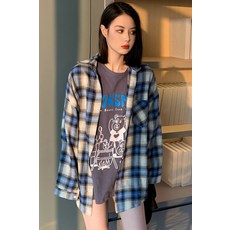 KORELAN체크 무늬 셔츠 여성 봄과 가을 중간 길이 레트로 게으른 느슨한 기질 디자인 감각 아우터 긴팔 셔츠