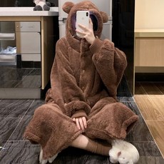 곰 캐릭터 여자 양털 수면 가운 여성 겨울 로브 잠옷
