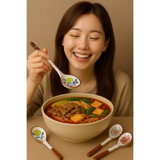 세련된 우동 도자기 서빙스푼 4종 세트 세라믹 전통무늬 숟가락 디저트 스푼 대왕수저, 1개