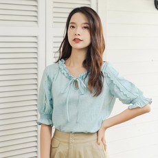 커프스 (창고정리)INMAN여름옷 아트 패치워크 레이스 레이스소매 끈카라 면소재 5부소매 셔츠