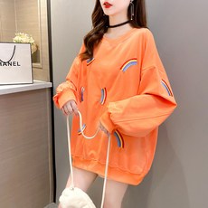 여자가을패션 유행 긴 소매 여성의류 하프기장 무지개 색상 자수 라운드넥