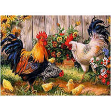 마당 산책하는 수탉 암탉 병아리 보석십자수 성공의 동물 닭그림 길상 재물 출세 큐빅 AB 비즈, 80x60cm, 1개