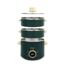 키친아트 3 in 1 스텐 전기 멀티쿠커 2L + 2단 찜기, KA-G2534(그린 + 골드)