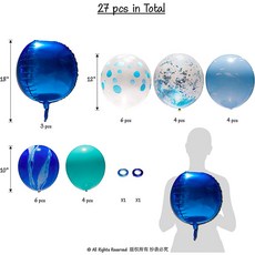 27pcs Ocean Blue Under the Sea First Birthday Party Balloons Decorstions Fish latex balloons Wedding, Oval, 3 size 18 12 10inch, Blue Balloons 27Pcs, 1개