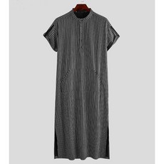 남성용 루즈 스트라이프 반팔 로브 셔츠 중동 아랍 두바이 말레이시아, [07] 4XL, [01] Black, 1개