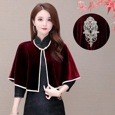 망또가디건 가을겨울 분위기있는 밖에걸쳐입는스타일 치파오에어울리는 예복 작은숄 케이프 망토 골드벨벳 자수 카디건 숏코트 유행
