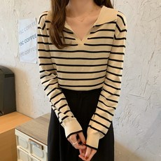 가을 겨울 ins 아카데미 스타일 스트라이프 폴로 칼라 이너 니트 스웨터, 평균, 살구색 줄무늬