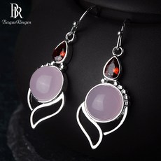 Bague ringen 100% 진짜 실버 925 드롭 귀걸이 라운드 로즈 쿼츠 보석 루비 민족 보석 여자 파티 선물 도매|드롭 이어링|
