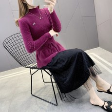 글로벌문 레이스미디스커트 하프기장 무릎넘어 스웨터 여성 이너웨어 속치마 허리보정 슬림핏 긴 소매 겨울 가을