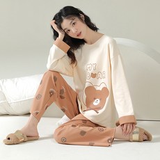 ANYOU 여성 가을 잠옷 순면 캐릭터 파자마 홈웨어 세트