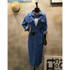 민스타일 카라 데님 허리밴딩 롱 원피스