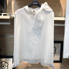 쏘시에 철산점 넥 진주 리본 오간자 블라우스