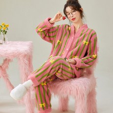 ANYOU 여성 겨울 스트라이프 잠옷 홈웨어 파자마 산호털 파자마 플란넬 잠옷세트