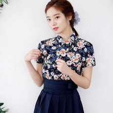 선데이한복 레이첼 린넨 꽃 네이비 반팔 저고리 데일리 생활한복