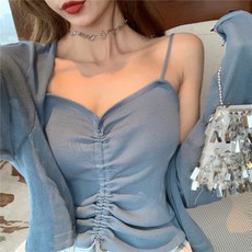 생활도움 뽀송뽀송 얇은 하이웨스트 쇼트 카디건 여자 니트 아이스 선레이어드 스커트 숄에 스트링 에어컨