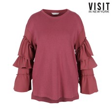 VISIT IN NEWYORK 프릴 슬리브 드롭 숄더 티셔츠(VU9LT15)