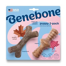 Benebone Puppy 2팩 메이플스틱/재글러 내구성 있는 강아지 츄잉 장난감 부드러운 츄어 리얼 베이컨 리얼 메이플우드 미국 제조 타이니 - 베네본