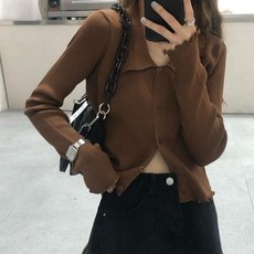 코스토프 카라 포인트 잔 골지 단추 오픈 니트 가디건
