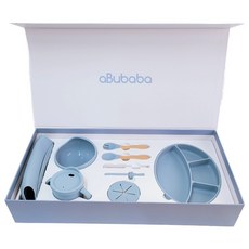 어부바바 실리콘 유아 식기 아기 선물 세트, 블루(쇼핑백 포함 기프트 세트)