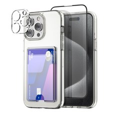 케이맥스 아이폰15 카드 포켓 클리어핏 케이스 풀세트(카드수납케이스+전면강화유리+카메라필름),
