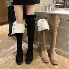 여자 가을 겨울 스노우 롱 부츠 스웨이드 털 통굽 로우 힐