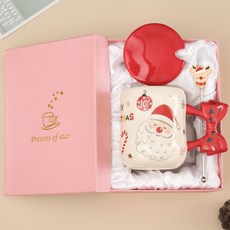 크리스마스 아이디어 선물 도자기 컵 뚜껑 스푼 여자 커플 커피잔 가정용 비주얼 머그잔, 산타리본-흰수염노인(핑크선물세트), 401-500마라