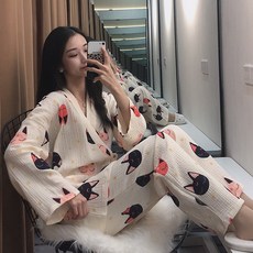 전사 잠옷 여자 봄가을 타입 여름 얇은 순면 가제 큐트 기모노 실내 유니폼