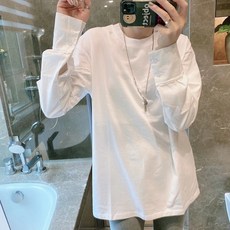 겨울 가을 심플 커프스 버튼 단추 패치워크 와이드 루즈핏 미드 롱 흰색티셔츠