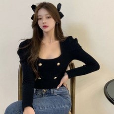 안나리야 스퀘어넥 슬림 섹시 단추 버튼 퍼프 니트 SY