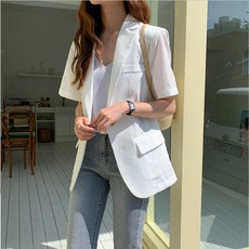 채윤러브 여성 캐주얼 어깨뽕 면마 반소매 정장 자켓