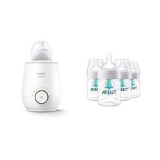 필립스 아벤트 젖병 보온 번들 콜릭 방지 젖병 에어 프리 벤트 4 온스 4 팩 + 빠른 젖병 워머, Clear 4oz - 4Pk Bundle