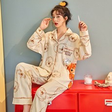 캐릭터 홈웨어 여 가비 가미 니트 면 프린트 긴팔 팬츠 2종 세트 잠옷