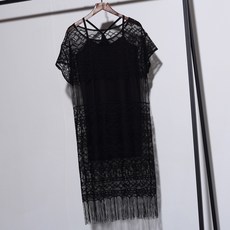 레이스원피스 오버사이즈 여성패션 여름시즌 섹시한 뉴타입 루즈핏 짧은소매 레이스 펀칭 투피스 뚱뚱한 MM날씬해보이는 태슬 원피스