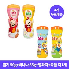 [4통 무료배송] 프로엠 코코몽 까까 요거트 딸기스낵 50g 1통+요거트 바나나스낵 55g 1통+뽀로로 유기농 까까 별과자 40g 1통+곡물과자 40g 1통 세트 / 아이과자, 1개