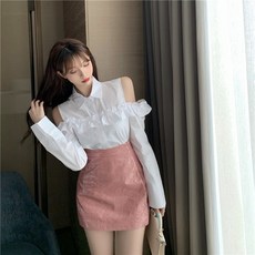 초 가을 섹시 오프숄더 어깨트임 페플럼 와이드 루즈핏 긴 소매 복숭아 가루 인조가죽 체크무늬 하이웨스트 치마 커버 여성