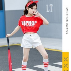호형 （특허브랜드） 아동 댄스복 방송댄스복 힙합레드블랙반바지세트 HYDX116