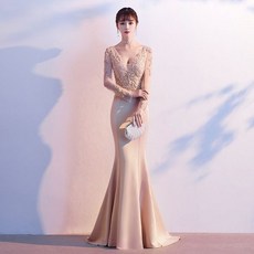 연말파티 V넥 슬리브 슬림핏 피쉬테일 롱드레스 클럽